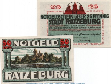Notgeld Stadt Ratzeburg 1101.1 , Set mit 2 Scheinen in kfr. von 1921 , Schleswig Holstein Seriennotgeld