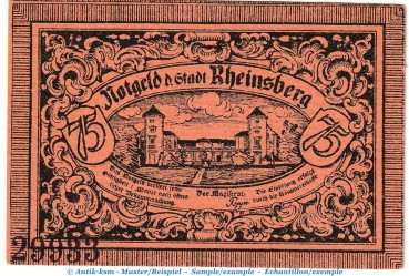 Preview: Notgeld Stadt Rheinsberg 1120.2.b , 75 Pfennig Schein -Fehldruck- in kfr. o.D. Brandenburg Seriennotgeld