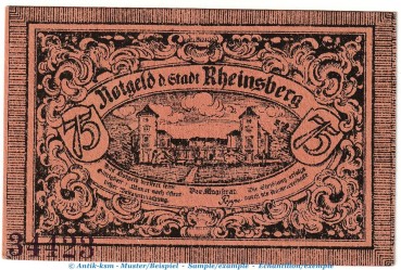 Preview: Notgeld Stadt Rheinsberg 1120.3.b , 75 Pfennig Schein -Fehldruck- in kfr. o.D. Brandenburg Seriennotgeld