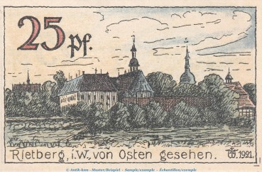 Preview: Notgeld Stadt Rietberg 1123.1 , 25 Pfennig Schein in kfr. von 1921 , Westfalen Seriennotgeld
