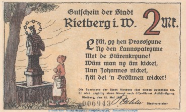 Notgeld Stadt Rietberg 1123.1 , 2 Mark Schein in kfr. von 1921 , Westfalen Seriennotgeld