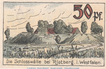 Preview: Notgeld Stadt Rietberg 1123.1 , 50 Pfennig Schein in kfr. von 1921 , Westfalen Seriennotgeld