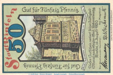 Notgeld Stadt Rinteln 1125.1.c , 50 Pfennig --Gut für-- in kfr. von 1920 , Niedersachsen Seriennotgeld