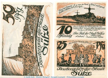 Notgeld Stadt Sülze 1299.1 , Reutergeld Set mit 3 Scheinen in kfr. o.D. Mecklenburg Vorpommern Seriennotgeld