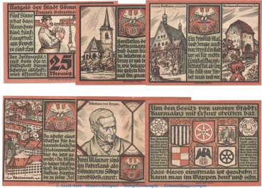 Notgeld Stadt Sömmerda 1230.1 , -Zündnadel- Set mit 6 Scheinen in kfr. von 1921 , Thüringen Seriennotgeld