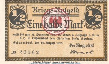 Notgeld Stadt Scharmbeck , 1 halbe Mark Schein in kfr. Tieste 6465.05.02 von 1918 , Niedersachsen Verkehrsausgabe