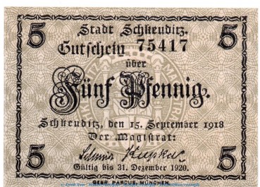 Notgeld Stadt Schkeuditz 6525.05.05 , 5 Pfennig Schein in kfr. von 1918 , Sachsen Verkehrsausgabe
