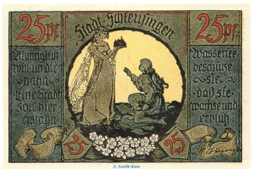 Preview: Notgeld Stadt Schleusingen 1181.3.a-b  , 25 Pfennig Schein gelblich und dick in kfr. von 1921 Thüringen Seriennotgeld