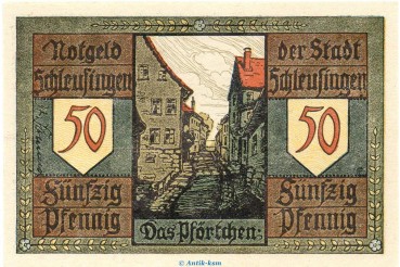 Notgeld Stadt Schleusingen 1181.3.a-b  , 50 Pfennig Nr 1 gelblich und dick in kfr. von 1921 Thüringen Seriennotgeld