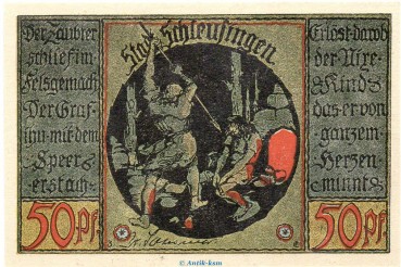 Preview: Notgeld Stadt Schleusingen 1181.3.a-b  , 50 Pfennig Nr 1 gelblich und dick in kfr. von 1921 Thüringen Seriennotgeld