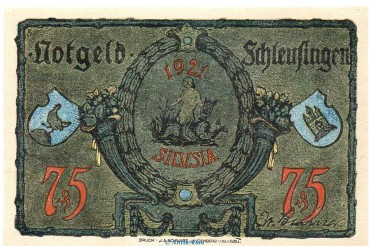 Preview: Notgeld Stadt Schleusingen 1181.4.a-b  , 75 Pfennig Schein gelblich und dick in kfr. o.D. Thüringen Seriennotgeld