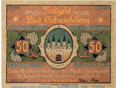 Preview: Notgeld Stadt Schmiedeberg 1186.1.a , 50 Pfennig Glanzdruck Nr 3 in kfr. von 1921 , Sachsen Anhalt Seriennotgeld