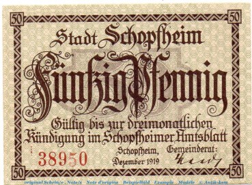 Notgeld Stadt Schopfheim 6675.05.15 , 50 Pfennig -Gedicht- in kfr. von 1919 , Pommern Verkehrsausgabe