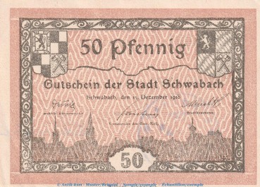 Notgeld Stadt Schwabach , 50 Pfennig Schein in kfr. Tieste 6715.10.15 von 1918 , Bayern Verkehrsausgabe