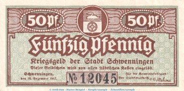 Notgeld Stadt Schwenningen , 50 Pfennig Schein in gbr. Tieste 6785.05.01 von 1917 , Württemberg Verkehrsausgabe