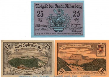 Notgeld Stadt Silberberg 1228.2 , Set mit 3 Scheinen in kfr. von 1921 , Schlesien Seriennotgeld