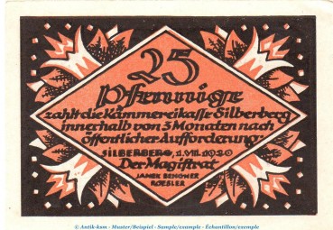 Notgeld Stadt Silberberg 6915.05.01 , 25 Pfennig Schein in kfr. von 1920 , Schlesien Verkehrsausgabe