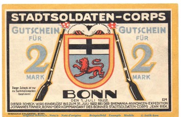 Preview: Notgeld Stadtsoldaten-Corps Bonn 141.1 , 2 Mark Schein in kfr. von 1922 , Westfalen Seriennotgeld