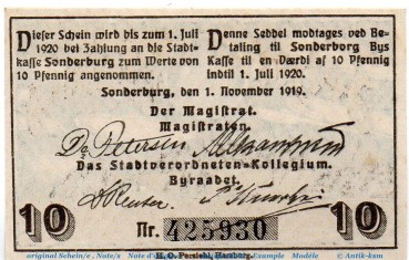 Preview: Notgeld Stadt Sonderburg , 10 Pfennig Schein mit Drfa. in kfr. von 1919 , dänisch Nordschleswig Verkehrsausgabe