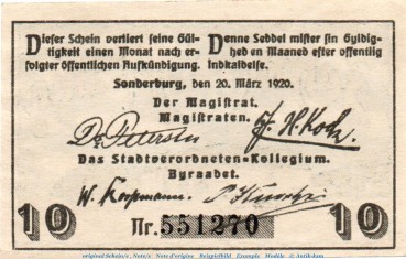 Preview: Notgeld Stadt Sonderburg 1240.1 , 10 Pfennig Schein in kfr. von 1920 , dänisch Nordschleswig Seriennotgeld