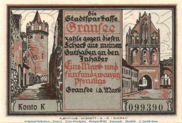 Preview: Notgeld Stadtsparkasse Gransee 465.2.a , 1,25 Mark Schein mit Wz. in kfr. o.D.  Brandenburg Seriennotgeld