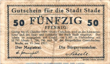 Notgeld Stadt Stade 7040.05.03 , 50 Pfennig Schein in gbr. von 1917 , Niedersachsen Verkehrsausgabe
