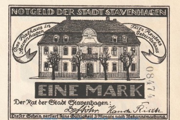 Preview: Notgeld Stadt Stavenhagen 1257.1.a , 1 Mark Schein mit Kennummer in kfr. o.D. Mecklenburg Vorpommern Seriennotgeld