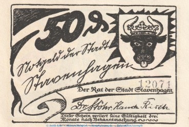 Preview: Notgeld Stadt Stavenhagen 1257.1.a , 50 Pfennig Schein mit Kennummer in kfr. o.D. , Mecklenburg Vorpommern Seriennotgeld