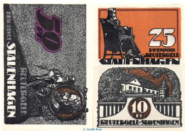 Notgeld Stadt Stavenhagen 1257.2 , Reutergeld Set mit 3 Scheinen in kfr. o.D. Mecklemburg Vorpommern Seriennotgeld