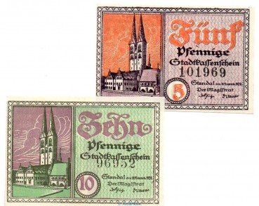 Notgeld Stadt Stendal , Set mit 2 Scheinen in kfr. Tieste 7130.25.15-16 von 1920 , Sachsen Anhalt Verkehrsausgabe