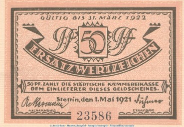 Notgeld Stadt Stettin 1270.1 , 50 Pfennig Schein Nr.2 in kfr. von 1921 , Pommern Seriennotgeld