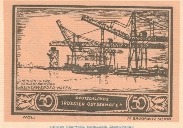 Preview: Notgeld Stadt Stettin 1270.1 , 50 Pfennig Schein Nr.2 in kfr. von 1921 , Pommern Seriennotgeld