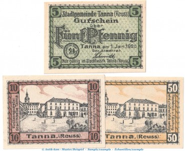 Notgeld Stadt Tanna , Set mit 3 Scheinen in kfr. Tieste 7270.05.20-22 von 1920 , Thüringen Verkehrsausgabe