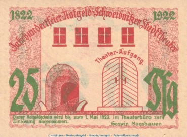 Preview: Notgeld Stadttheater Schweidnitz 1210.1.a , 25 Pfennig Schein in kfr. o.D. Schlesien Seriennotgeld