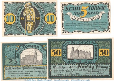 Notgeld Stadt Torgau 1331.2 , Set mit 4 Scheinen -blaugrün- in kfr. von 1921 , Sachsen Seriennotgeld