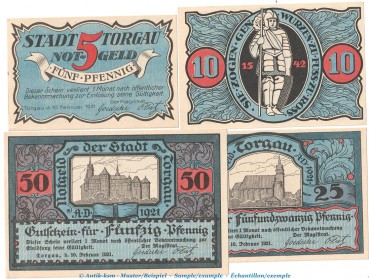 Notgeld Stadt Torgau 1331.3 , Set mit 4 Scheinen in kfr. von 1921 , Sachsen SeriennotgeldNotgeld Stadt Torgau 1331.3 , Set mit 4 Scheinen in kfr. von 1921 , Sachsen Seriennotgeld