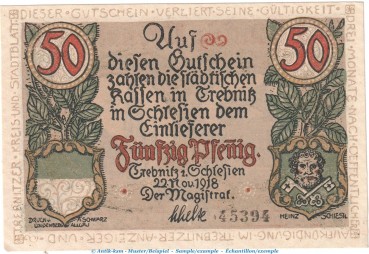 Notgeld Stadt Trebnitz , 50 Pfennig Schein in kfr. Tieste 7400.15.21 von 1918 , Schlesien Verkehrsausgabe