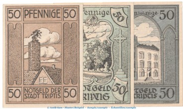 Notgeld Stadt Triptis 1346.1 , Set mit 3 Scheinen in kfr. von 1921 , Thüringen Seriennotgeld