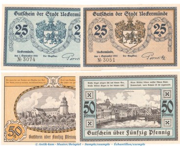 Notgeld Stadt Ueckermünde 1350.1 , Set mit 4 Scheinen in kfr. von 1921 , Mecklenburg Vorpommern Seriennotgeld