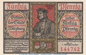 Notgeld Stadt Würzburg , 50 Pfennig Schein in kfr. Tieste 8130.05.40-45 o.D. Bayern Verkehrsausgabe