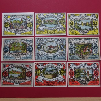 Notgeld Stadt Warin 1378.1.a-b , Set mit 9 Scheinen in kfr. mit Druckfehler , Mecklenburg Vorpommern Seriennotgeld