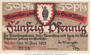 Preview: Notgeld Stadt Wedel 1387.1.F , 50 Pfennig -Fehldruck- in kfr. von 1921 , Schleswig Holstein Seriennotgeld