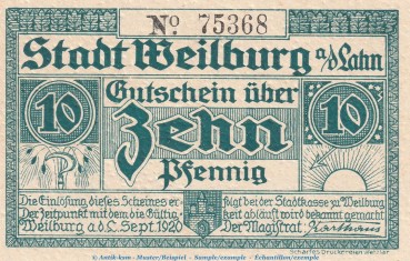 Notgeld Stadt Weilburg , 10 Pfennig Schein in kfr. Tieste 7770.05.25 von 1920 , Hessen Verkehrsausgabe