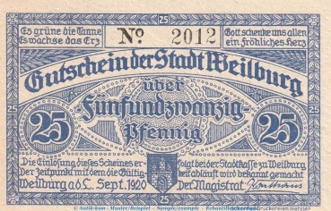 Notgeld Stadt Weilburg , 25 Pfennig Schein in kfr. Tieste 7770.05.26 von 1920 , Hessen Verkehrsausgabe