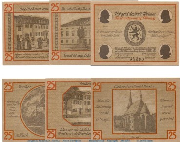 Notgeld Stadt Weimar 1398.1.a , Set mit 6 Scheinen in kfr. von 1921 , Thüringen Seriennotgeld