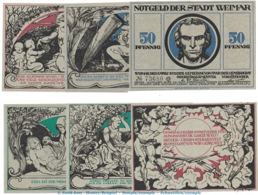 Notgeld Stadt Weimar 1398.5 , Set mit 6 Scheinen in kfr. von 1921 ,  Thüringen Seriennotgeld