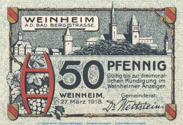 Notgeld Stadt Weinheim , 50 Pfennig Schein in kfr. Tieste 7780.05.02 von 1918 , Baden Verkehrsausgabe