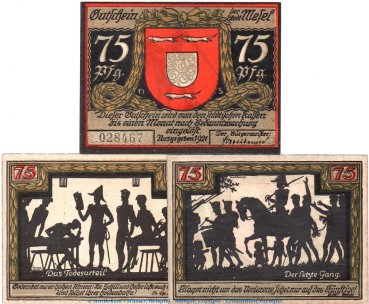 Notgeld Stadt Wesel 1409.2 , Schattenbilder Set mit 3 Scheinen in kfr. o.D. Westfalen Seriennotgeld