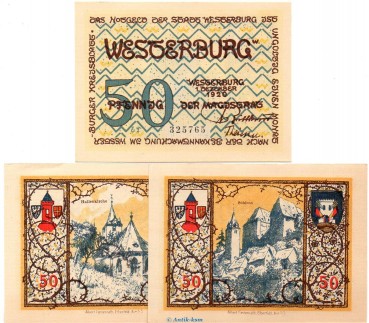 Notgeld Stadt Westerburg 1412.2 , Set mit 3 Scheinen graublau in kfr. von 1920 , Hessen Seriennotgeld
