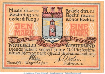 Notgeld Stadt Westerland 1418.2.c , 1 Mark --o.Drfa-- in kfr. von 1921 , Schleswig Holstein Seriennotgeld